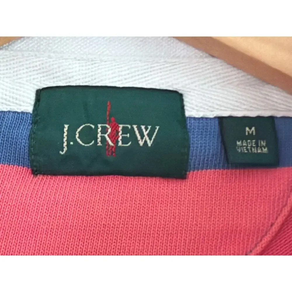 Vintage J. Crew Pink Blue Block Striped Rugby Shirt Elbow Patches Medium